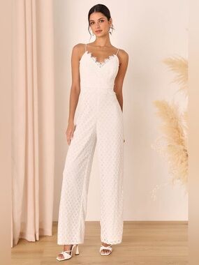 Lulu's White Lace-Trim Wide-Leg Jumpsuit